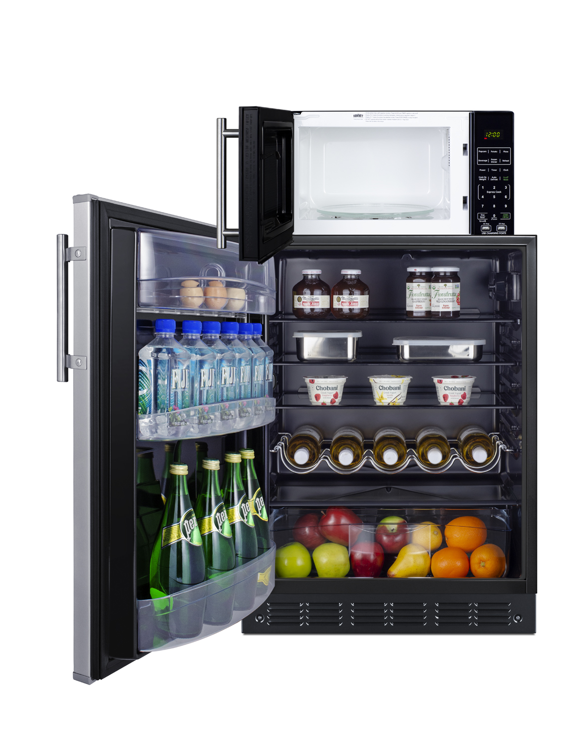 Counter height all-refrigerator with stainless steel door and compact microwave in black with allocator and USB ports for 1-plug operation; ships in three boxes on one pallet